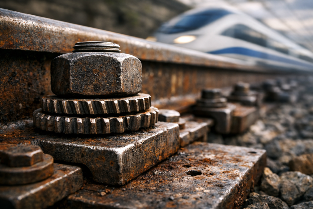 rusty rail joint with speeding train