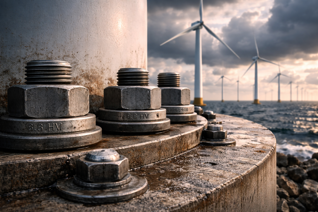 wind turbine bolts with ocean backdrop